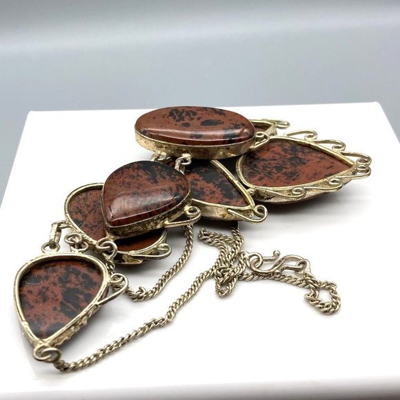 Vintage Silver and Mahogany Obsidian Stone Bib Necklace, Peruvian Alpaca Beauty - Picture 4 of 4